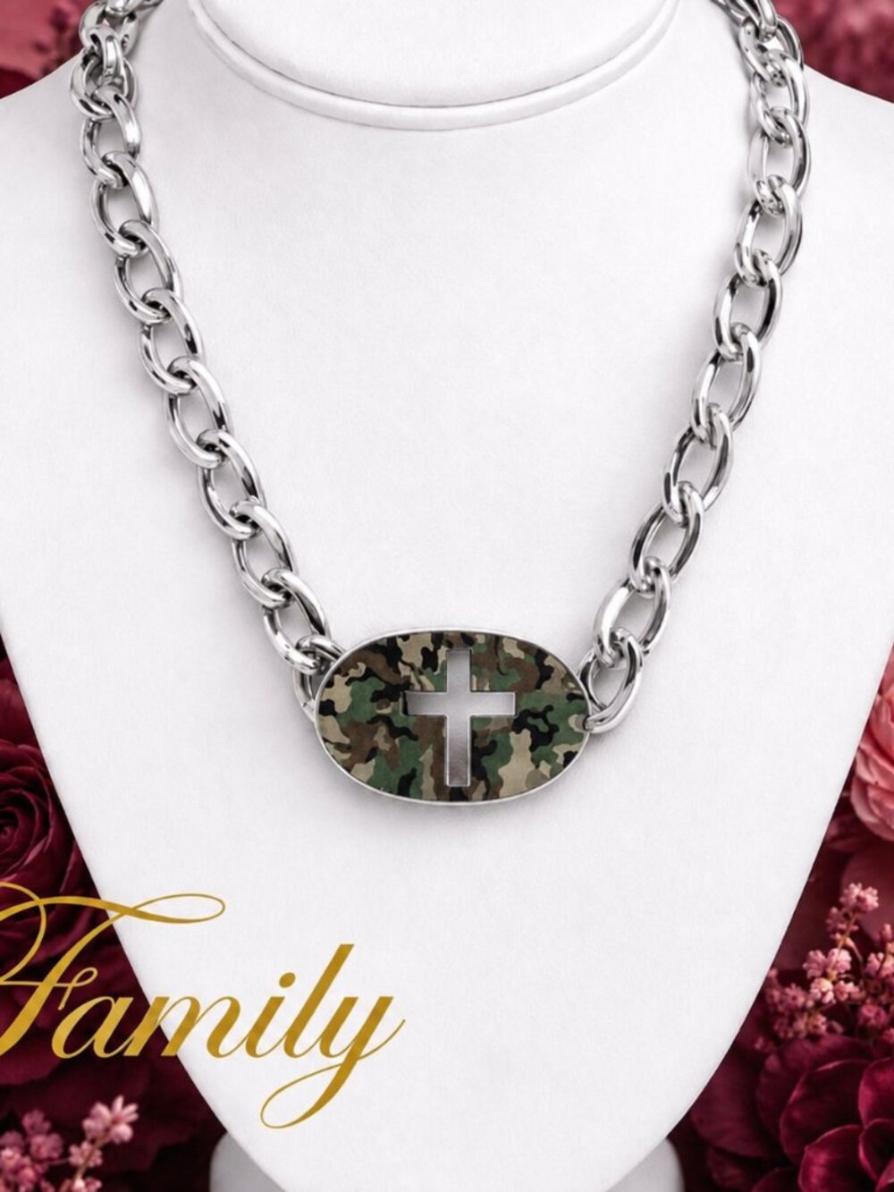 Camo Cross Pendant Stainless Chain Necklace - Green Camo